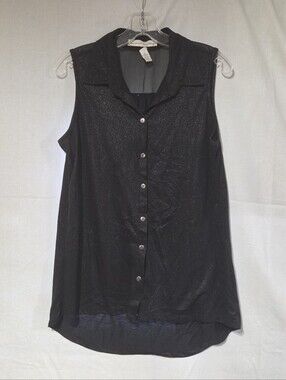 French Laundry Sleeveless Black Shimmer Button-Front Top